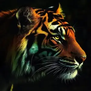 Toile tendue murale Tigre dans l'ombre, posée dans un intérieur