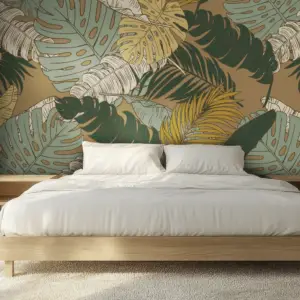 Toile tendue murale Feuilles tropicales nature, posée dans un intérieur