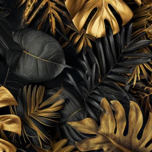 Toile tendue murale Feuilles tropicales noires et dorées, posée dans un intérieur