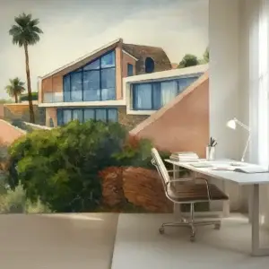 Toile tendue murale Villa en bord de Côte, posée dans un intérieur