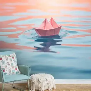 Toile tendue murale Origami de bateau, posée dans un intérieur