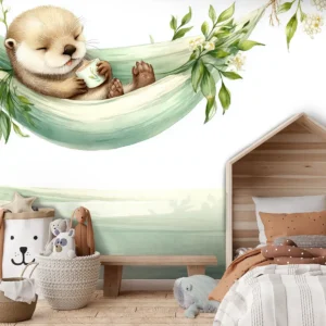 Toile tendue murale Loutre dans son hamac, posée dans un intérieur