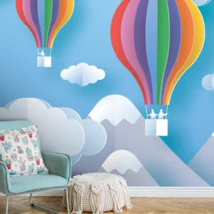 Toile tendue murale Ballade en Montgolfières, posée dans un intérieur