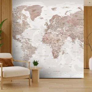 Toile tendue murale Mappemonde Sepia, posée dans un intérieur