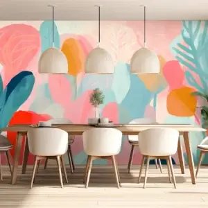 Toile tendue murale Peinture abstraite florale, posée dans un intérieur