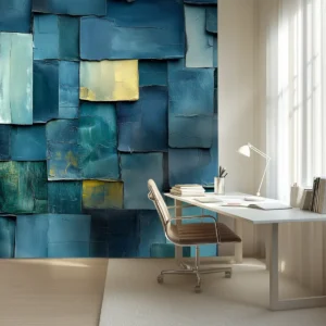 Toile tendue murale Patchwork bleu et or, posée dans un intérieur