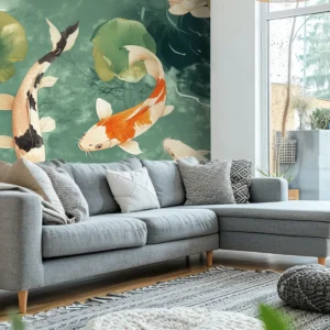 Toile tendue murale Carpes Koï, posée dans un intérieur