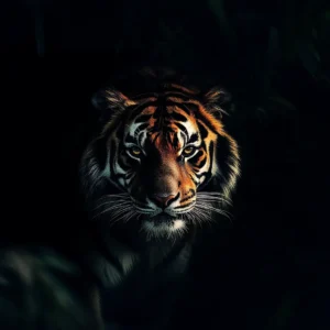 Toile tendue murale Tigre dans l’ombre, posée dans un intérieur