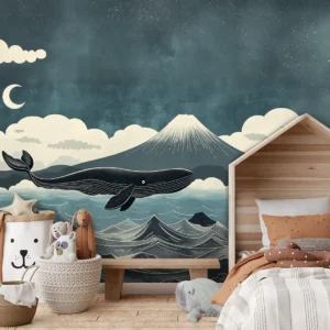 Toile tendue murale Baleine vintage, posée dans un intérieur