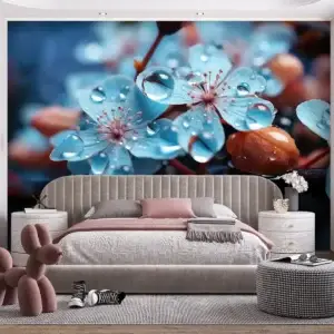 Toile tendue murale Cerisier du Japon bleu, posée dans un intérieur